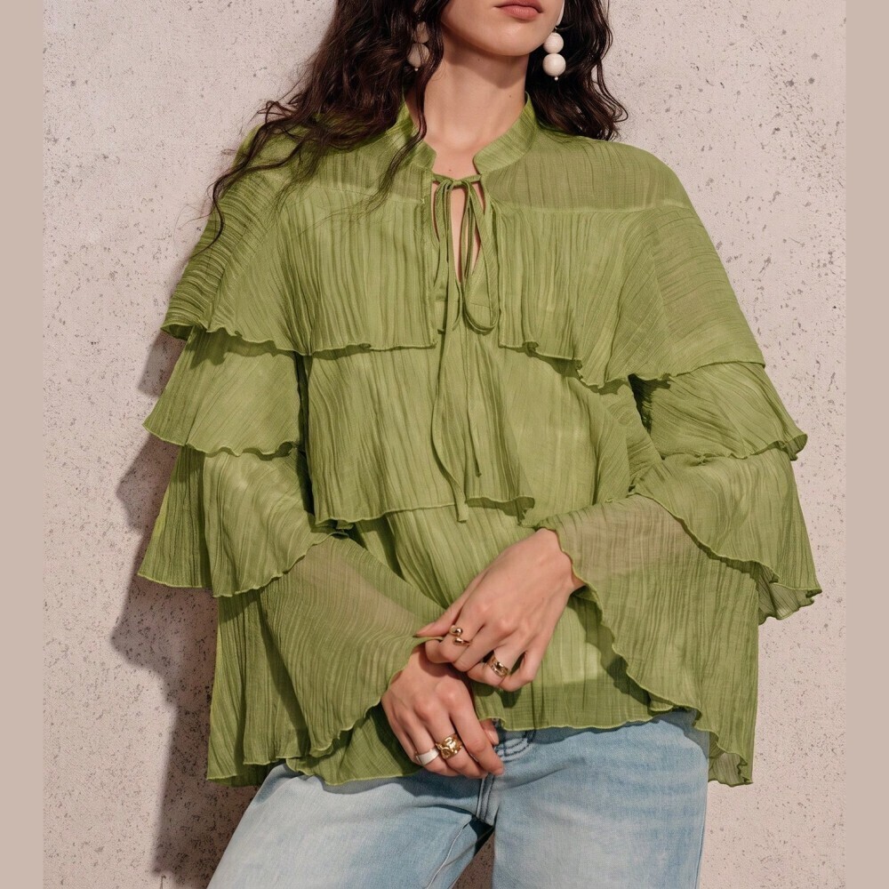 Moss Green Tiered Ruffle Tie Neck Long Sleeve Blouse